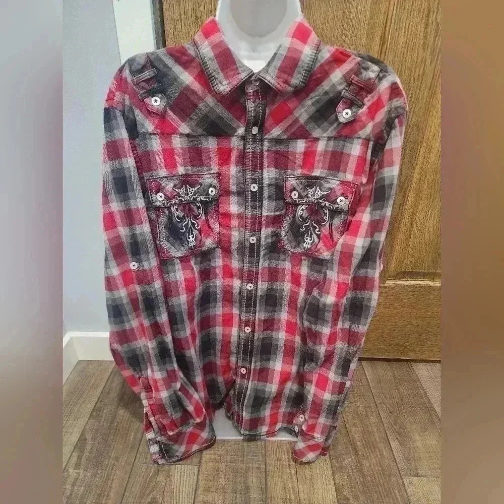 Eighty Eight Men's Long Sleeve Button Up Shirt, Red/black/grey Plaid, XL tribal